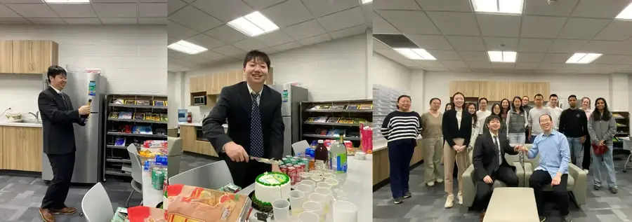A smiling man in a suit cuts a green-detailed white cake and celebrates with a diverse group of colleagues in an office.